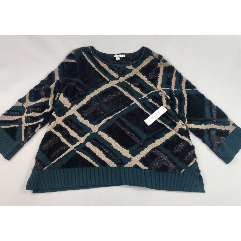 Chico's Sweater Pullover Womens 2 US L Large Green Black Check Knit $98 NEW